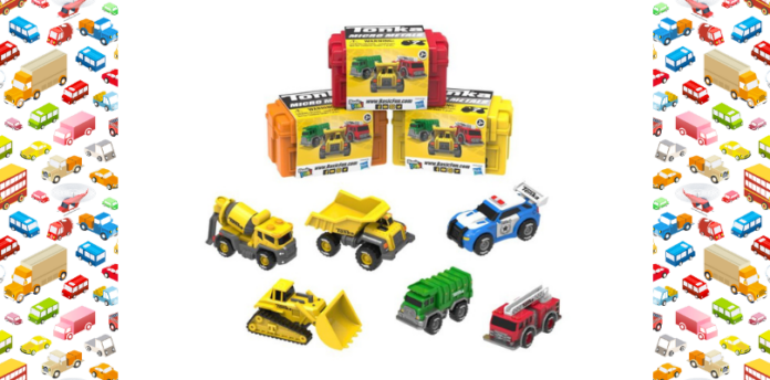 tonka Tinys Feature Image Six tiny Tonka vehicles in front of three Tiny Tonka Boxes