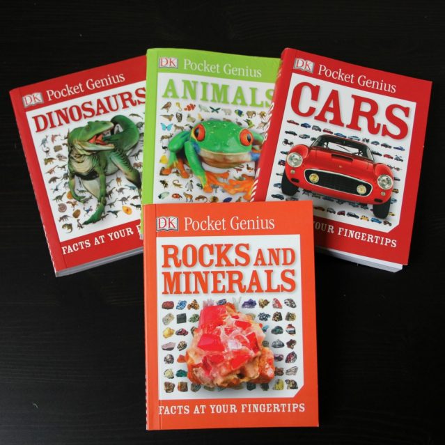 @DKCanada Pocket Genius books. Dinosaurs, Animals, Cars, and Rocks & Minerals are fanned out on a tabletop