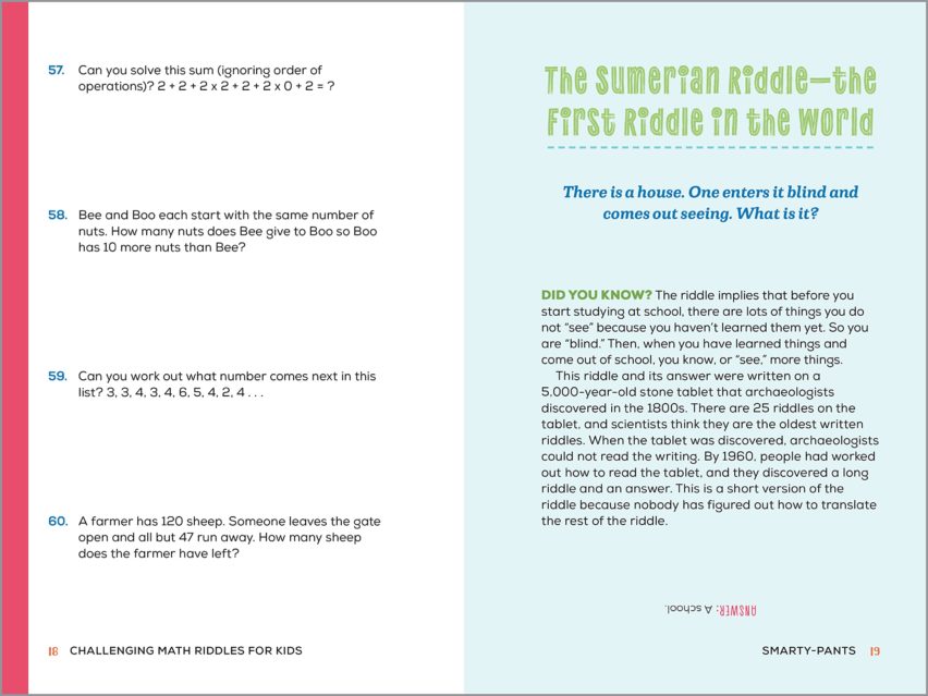 Inside spread of my new math book, Challenging math riddles for kids, showing one page detailing the Sumerian riddle, and another page featuring four riddles.