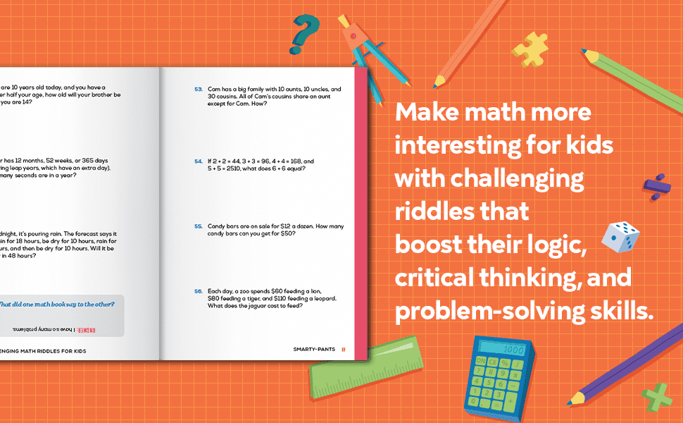 Challenging math riddles for kids artwork with pencils, a calculator and  one and a half pages visible